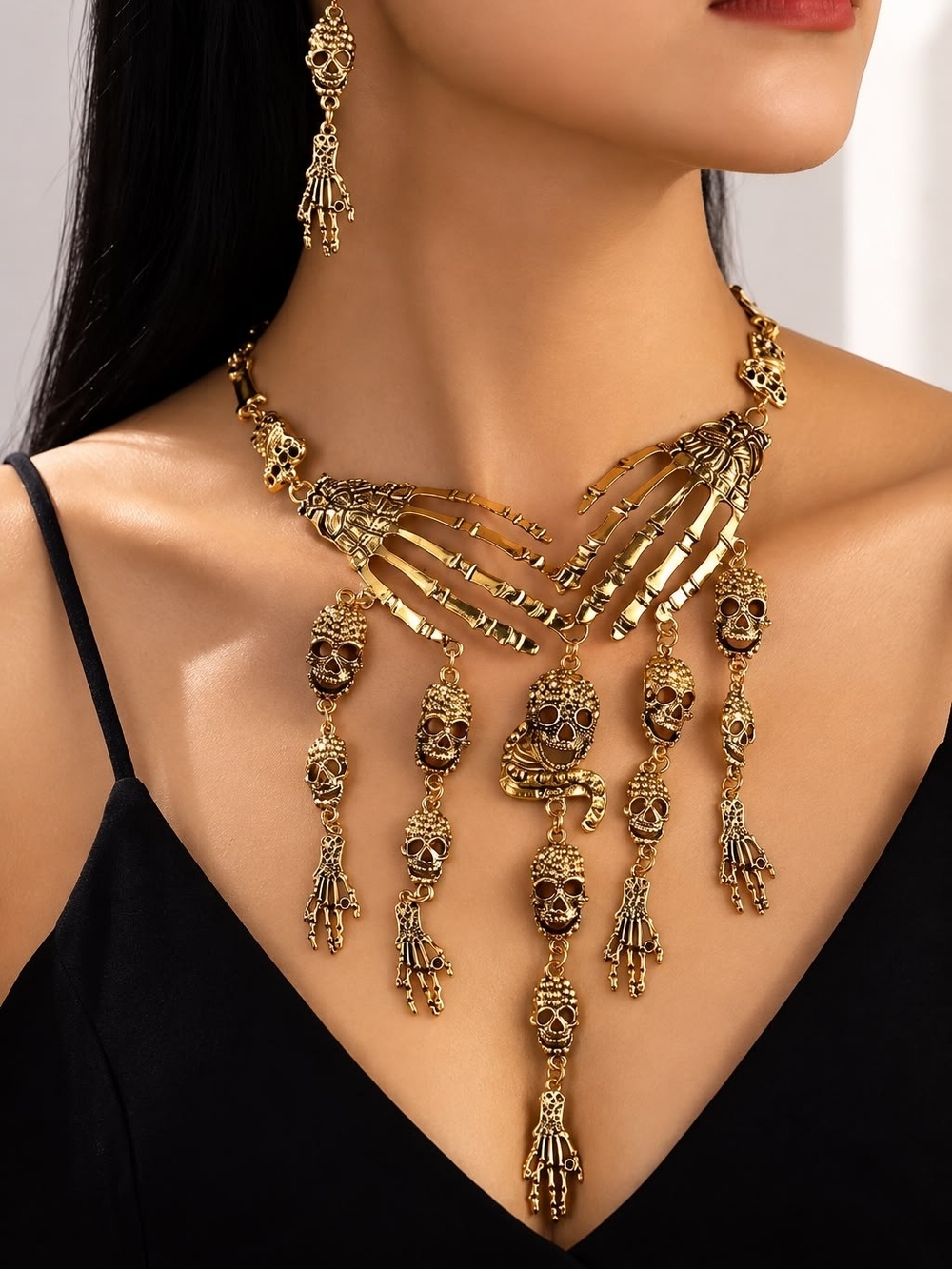 Gold Skeleton Hand & Skull Statement Necklace for Women